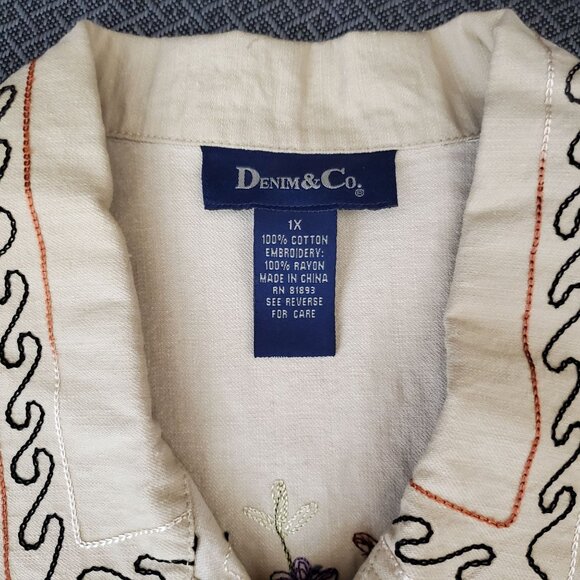 Denim & Co. Womens Beige Embroidered Button Shirt Jacket 1X Floral Long Sleeve - Picture 6 of 14